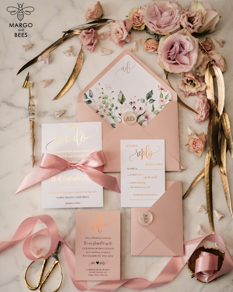  Elegant Blush Pink Wedding Invitation Suite, Romantic Golden Shine Wedding Cards, Luxurious Floral Wedding Stationery, Affordable Wedding Invites-5