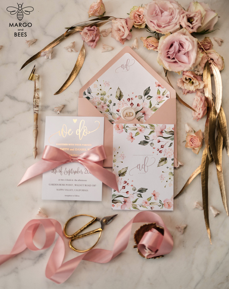  Elegant Blush Pink Wedding Invitation Suite, Romantic Golden Shine Wedding Cards, Luxurious Floral Wedding Stationery, Affordable Wedding Invites-6