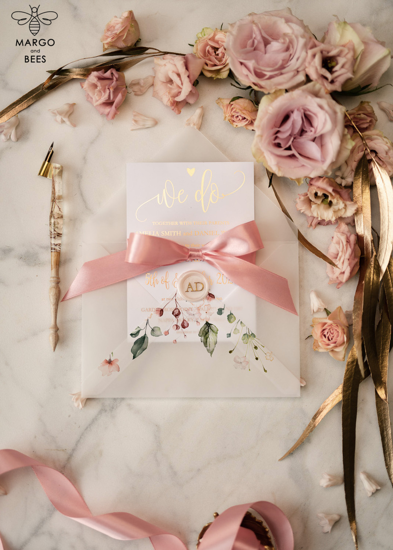  Elegant Blush Pink Wedding Invitation Suite, Romantic Golden Shine Wedding Cards, Luxurious Floral Wedding Stationery, Affordable Wedding Invites-7
