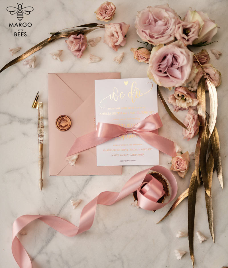  Elegant Blush Pink Wedding Invitation Suite, Romantic Golden Shine Wedding Cards, Luxurious Floral Wedding Stationery, Affordable Wedding Invites-8