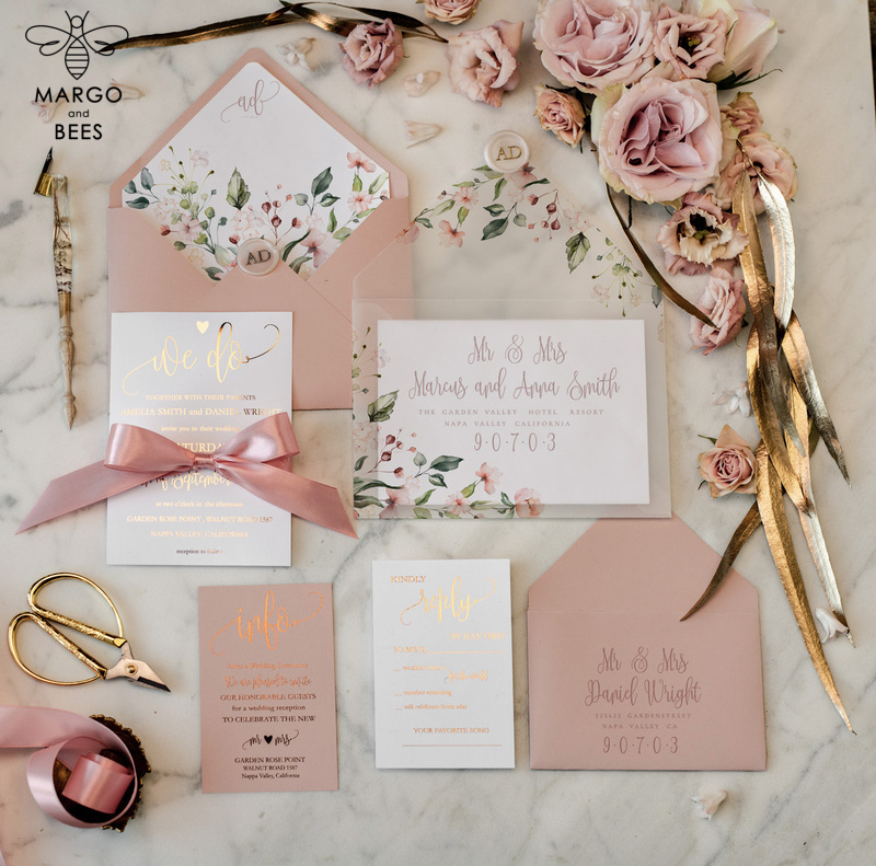  Elegant Blush Pink Wedding Invitation Suite, Romantic Golden Shine Wedding Cards, Luxurious Floral Wedding Stationery, Affordable Wedding Invites-9