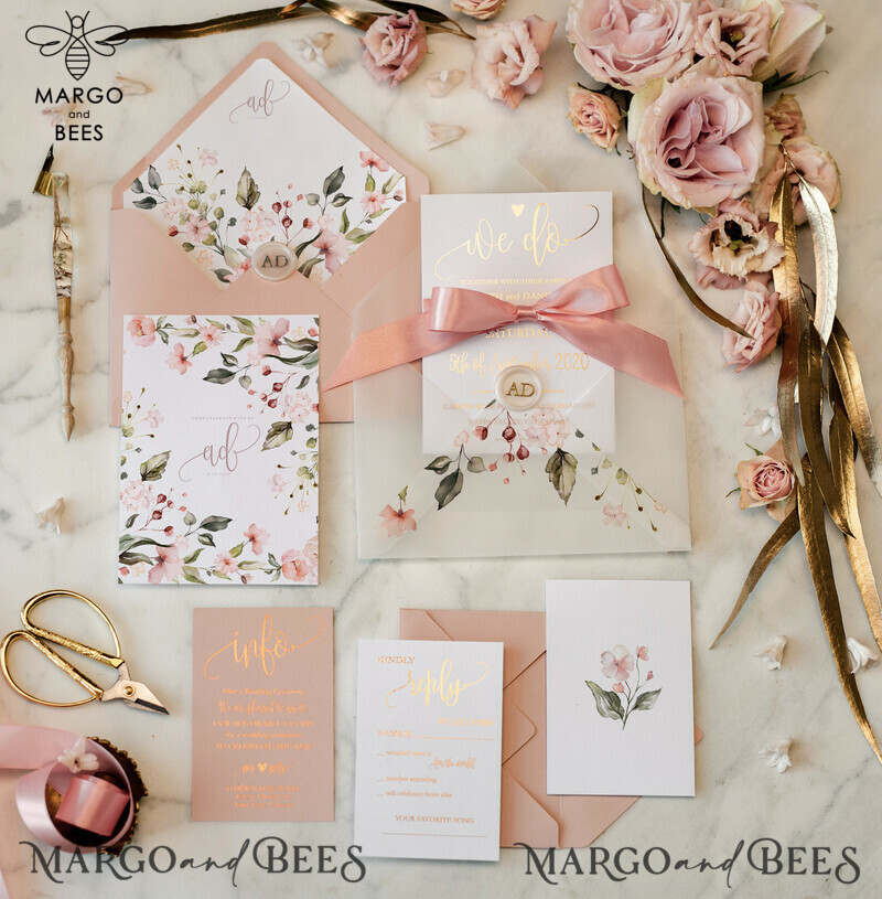  Elegant Blush Pink Wedding Invitation Suite, Romantic Golden Shine Wedding Cards, Luxurious Floral Wedding Stationery, Affordable Wedding Invites-0