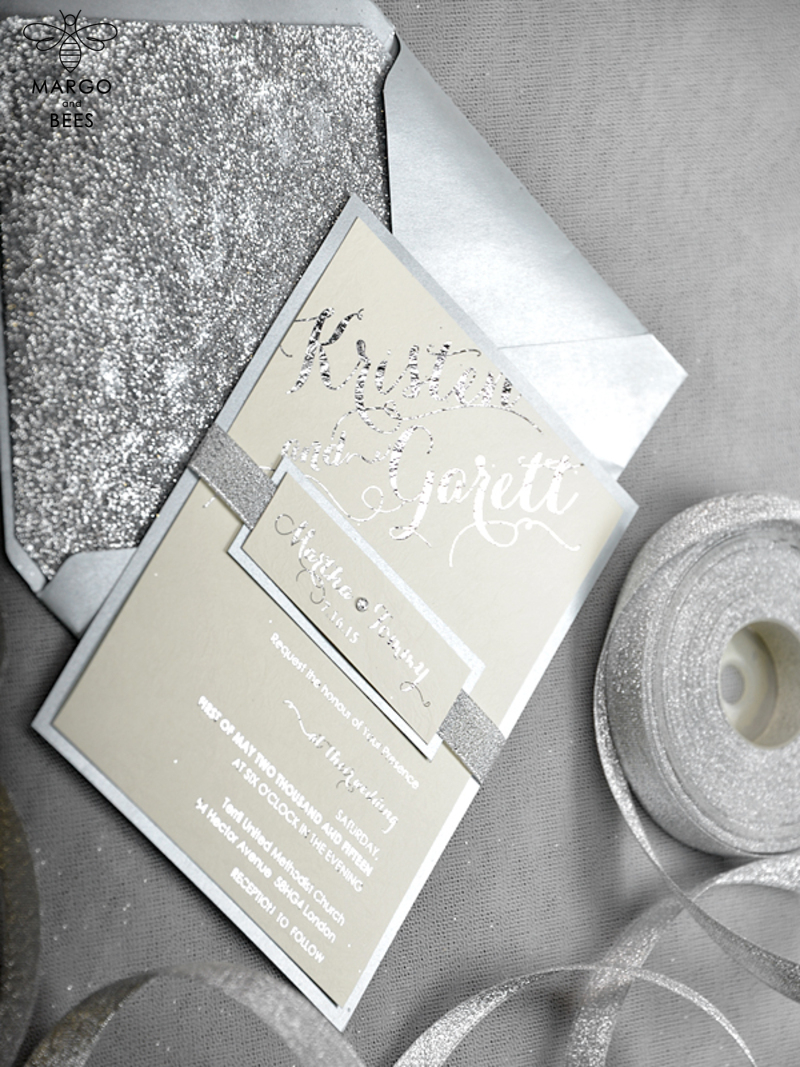 Glitter Luxory Silver Wedding Ivitations, Elegant Wedding Invites , Blush Silver wedding Cards-3