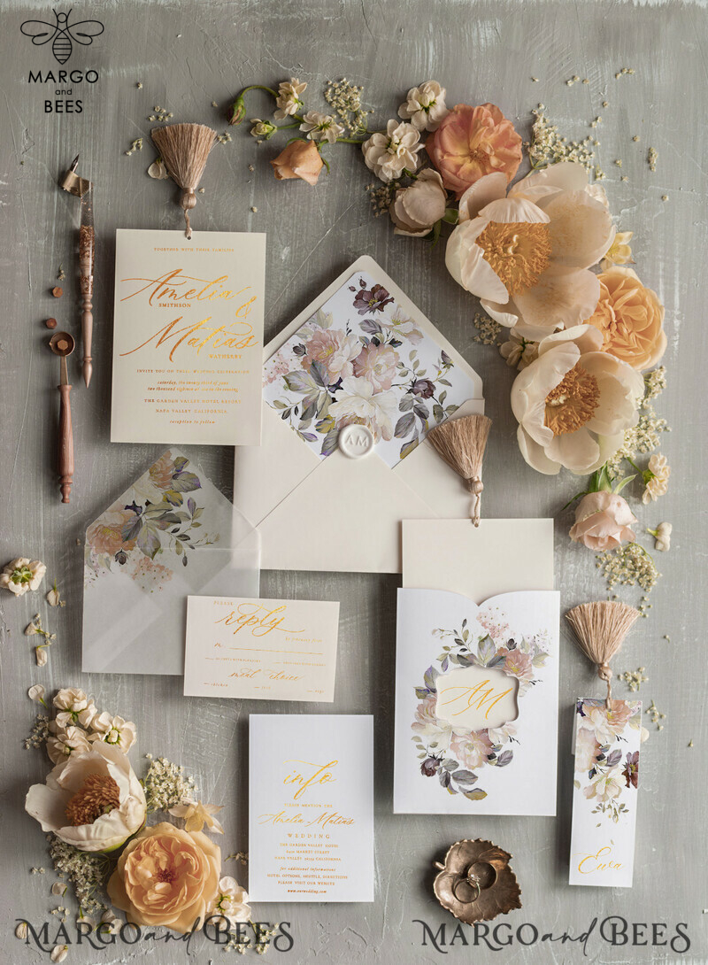 Elegant wedding invitation Suite, Luxury Arabic Gold Wedding Cards, Pocket Wedding Invites with Ivory Flowers and Gold Tassel-1