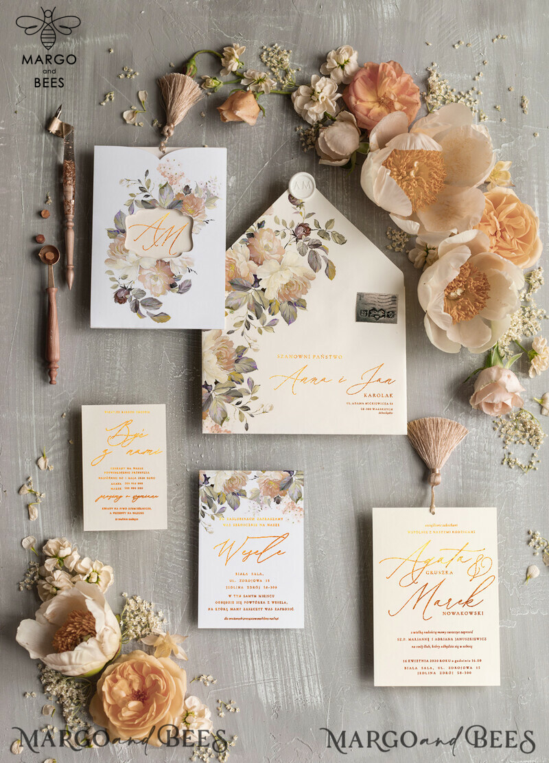 Luxury Champagne Wedding Invitations with Glamour Gold Foil and Elegant Golden Tassel Details in a Romantic Floral Pocket Wedding Invitation Suite-2