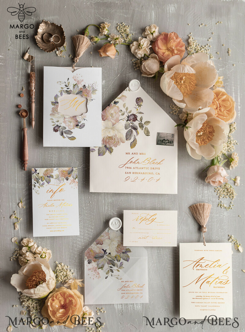 Luxury Champagne Wedding Invitations with Glamour Gold Foil and Elegant Golden Tassel Details in a Romantic Floral Pocket Wedding Invitation Suite-3