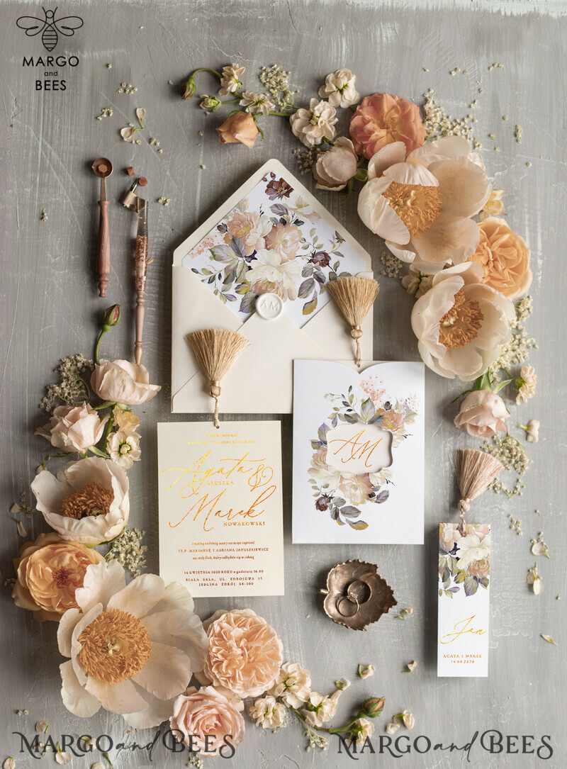 Elegant wedding invitation Suite, Luxury Arabic Gold Wedding Cards, Pocket Wedding Invites with Ivory Flowers and Gold Tassel-4
