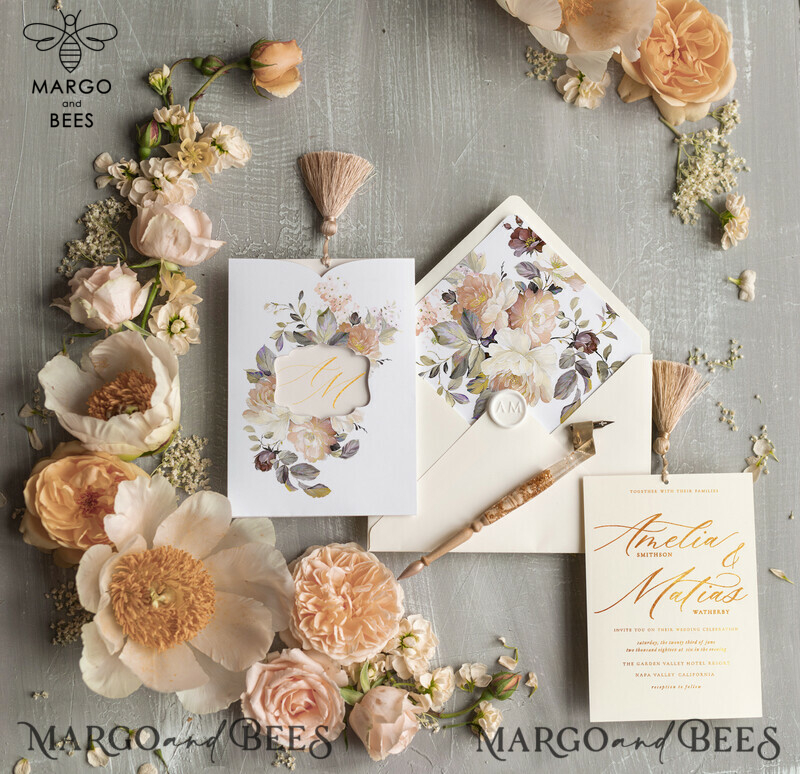 Elegant wedding invitation Suite, Luxury Arabic Gold Wedding Cards, Pocket Wedding Invites with Ivory Flowers and Gold Tassel-6