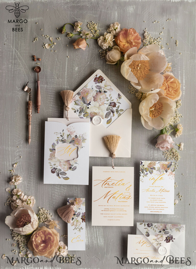 Elegant wedding invitation Suite, Luxury Arabic Gold Wedding Cards, Pocket Wedding Invites with Ivory Flowers and Gold Tassel-0