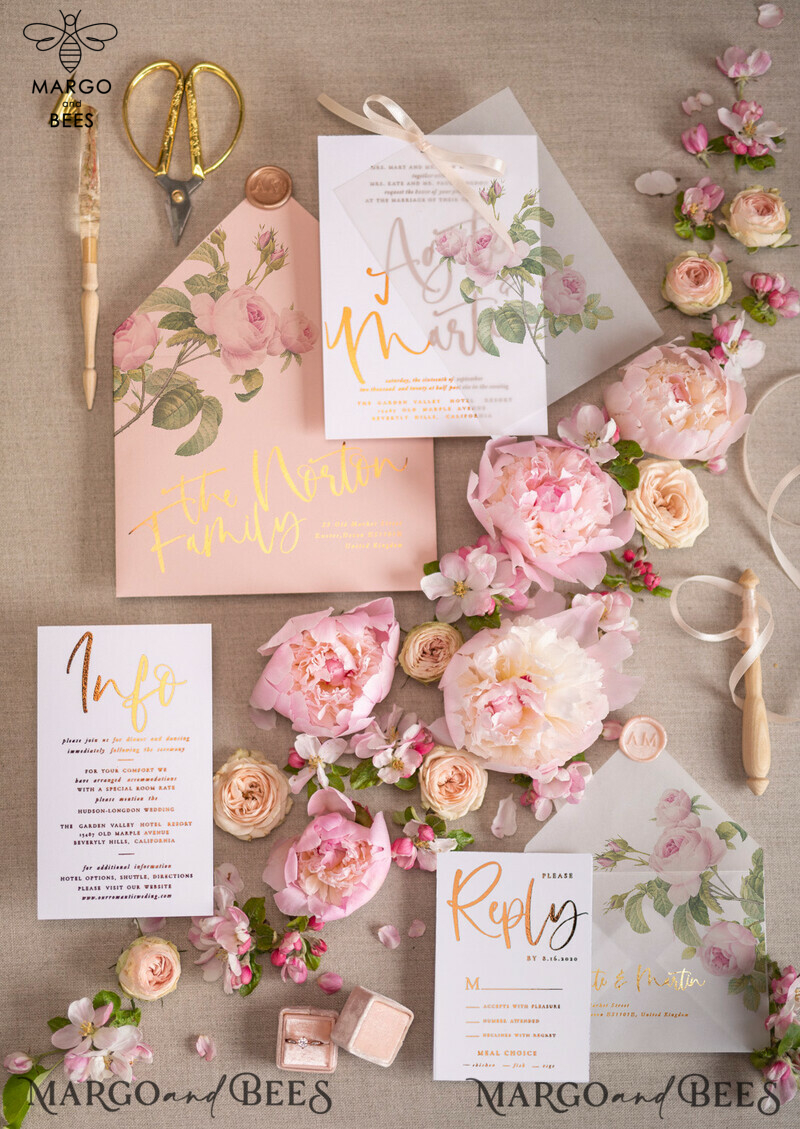 Luxury Gold Foil Wedding Invitations: Glamour Blush Pink Wedding Invites with Elegant Floral Design and Bespoke Vellum Wedding Invitation Suite featuring a Bow-1