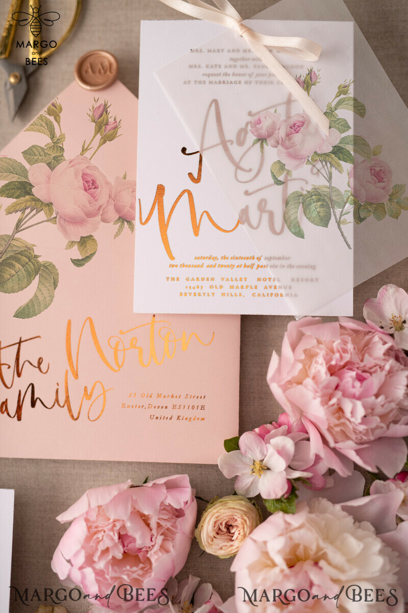 Luxury Gold Foil Wedding Invitations: Glamour Blush Pink Wedding Invites with Elegant Floral Design and Bespoke Vellum Wedding Invitation Suite featuring a Bow-2