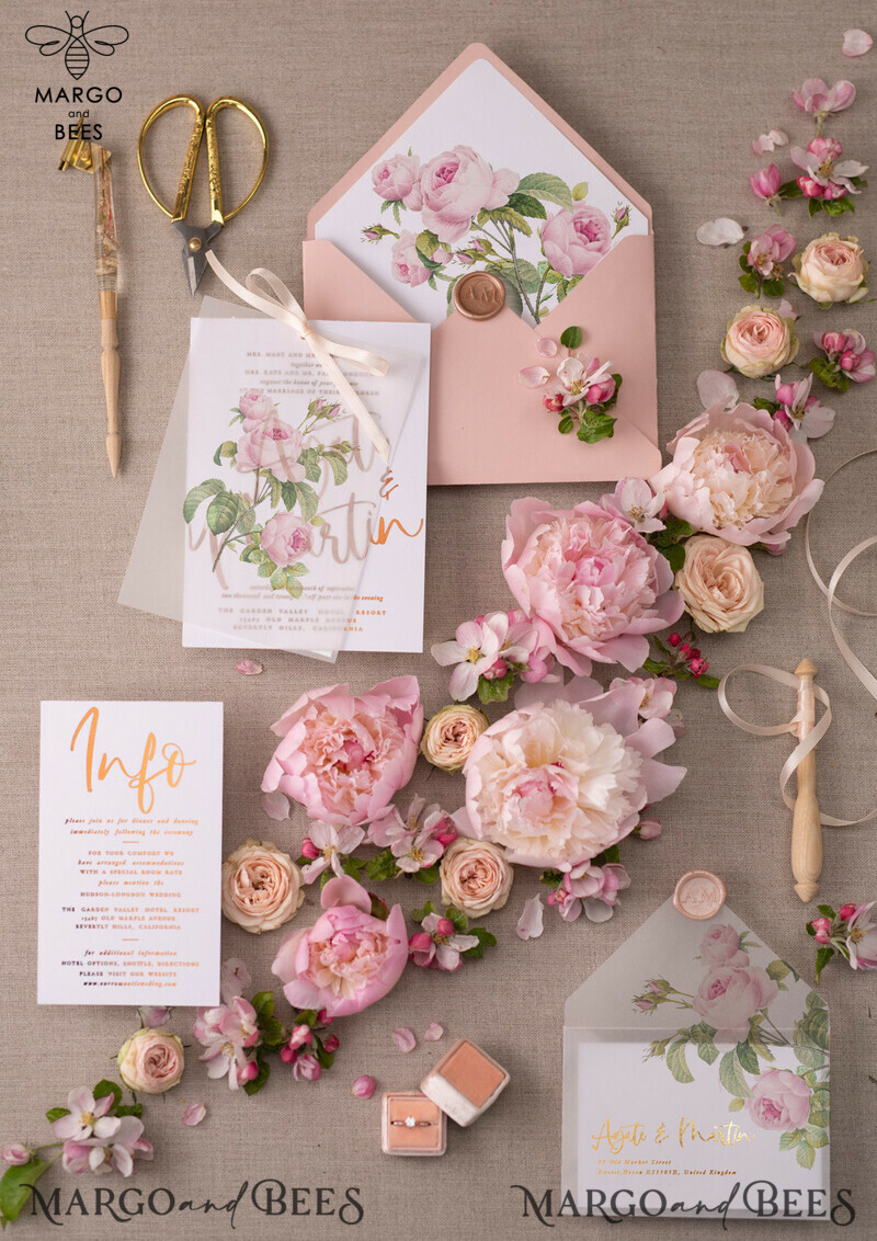Luxury Gold Foil Wedding Invitations: Glamour Blush Pink, Elegant Floral Design with Bespoke Vellum Suite and Bow-3