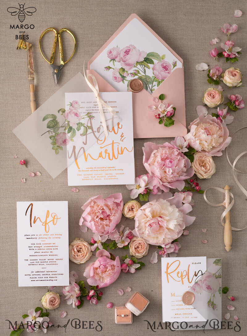  Luxury Gold Foil Wedding Invitations, Glamour Blush Pink Wedding Invites, Elegant Floral Wedding Cards, Bespoke Vellum Wedding Invitation Suite With Bow-4
