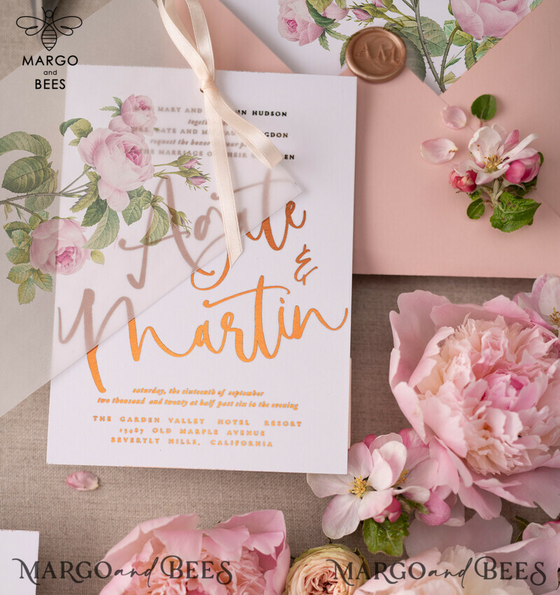 Luxury Gold Foil Wedding Invitations: Glamour Blush Pink Wedding Invites with Elegant Floral Design and Bespoke Vellum Wedding Invitation Suite featuring a Bow-6