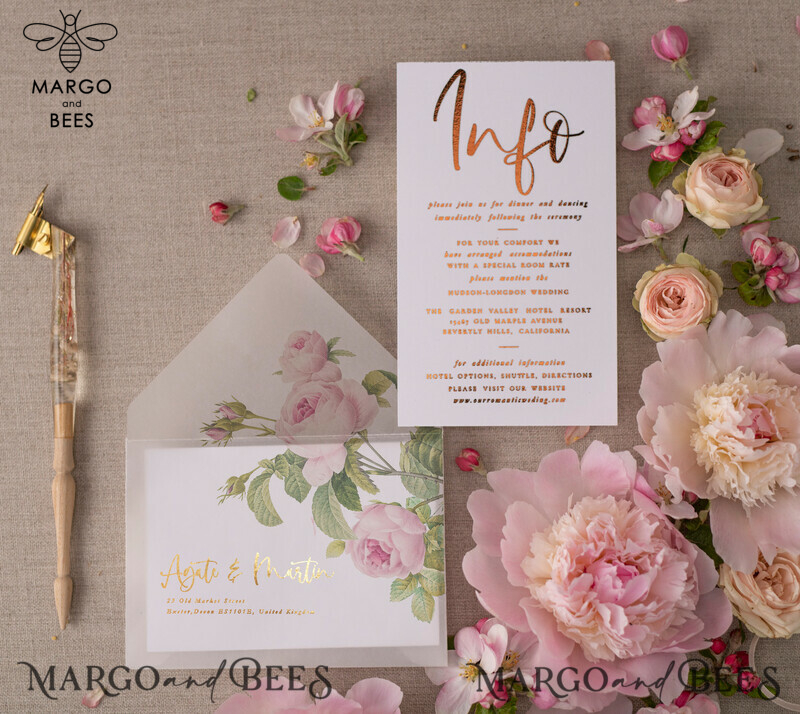 Luxury Gold Foil Wedding Invitations: Glamour Blush Pink Wedding Invites with Elegant Floral Design and Bespoke Vellum Wedding Invitation Suite featuring a Bow-9