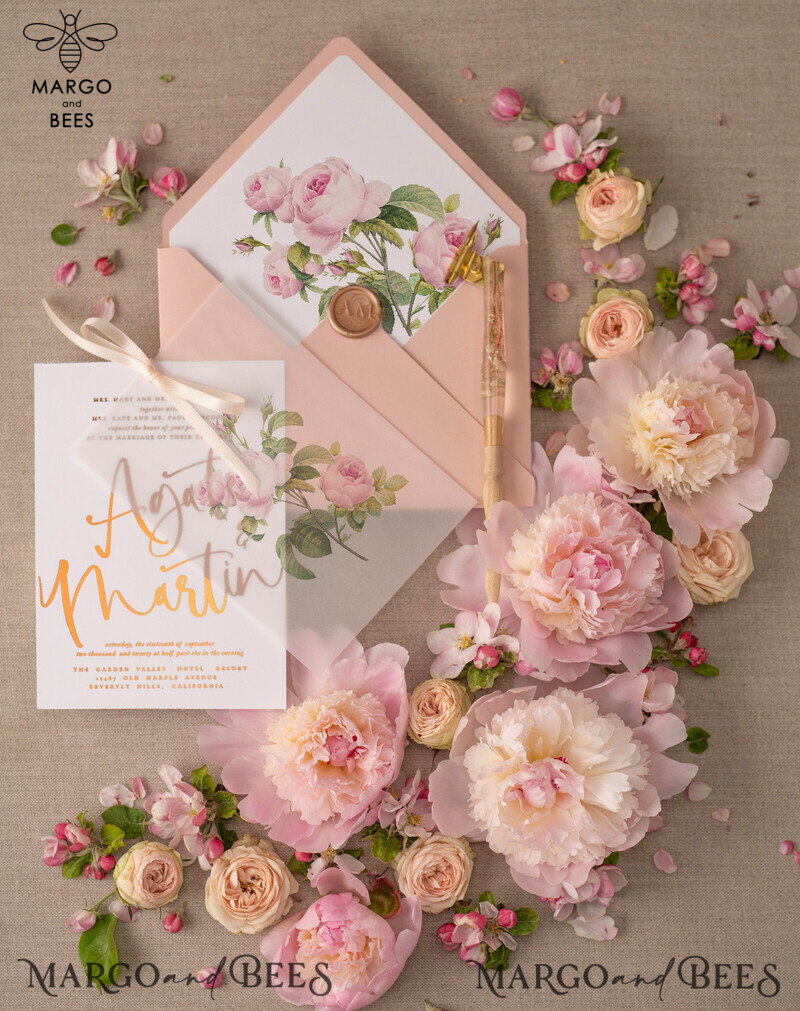 Luxury Gold Foil Wedding Invitations: Glamour Blush Pink Wedding Invites with Elegant Floral Design and Bespoke Vellum Wedding Invitation Suite featuring a Bow-0