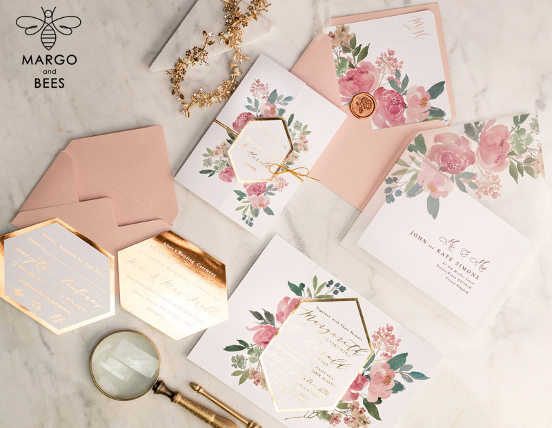 Luxory gold Wedding Invitations,  Vinatge Roses Elegant Wedding Stationery,  Pink Elegant Wedding Invitations Suite-8