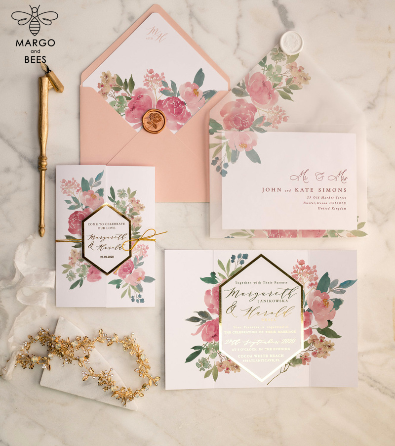 Luxory gold Wedding Invitations,  Vinatge Roses Elegant Wedding Stationery,  Pink Elegant Wedding Invitations Suite-9