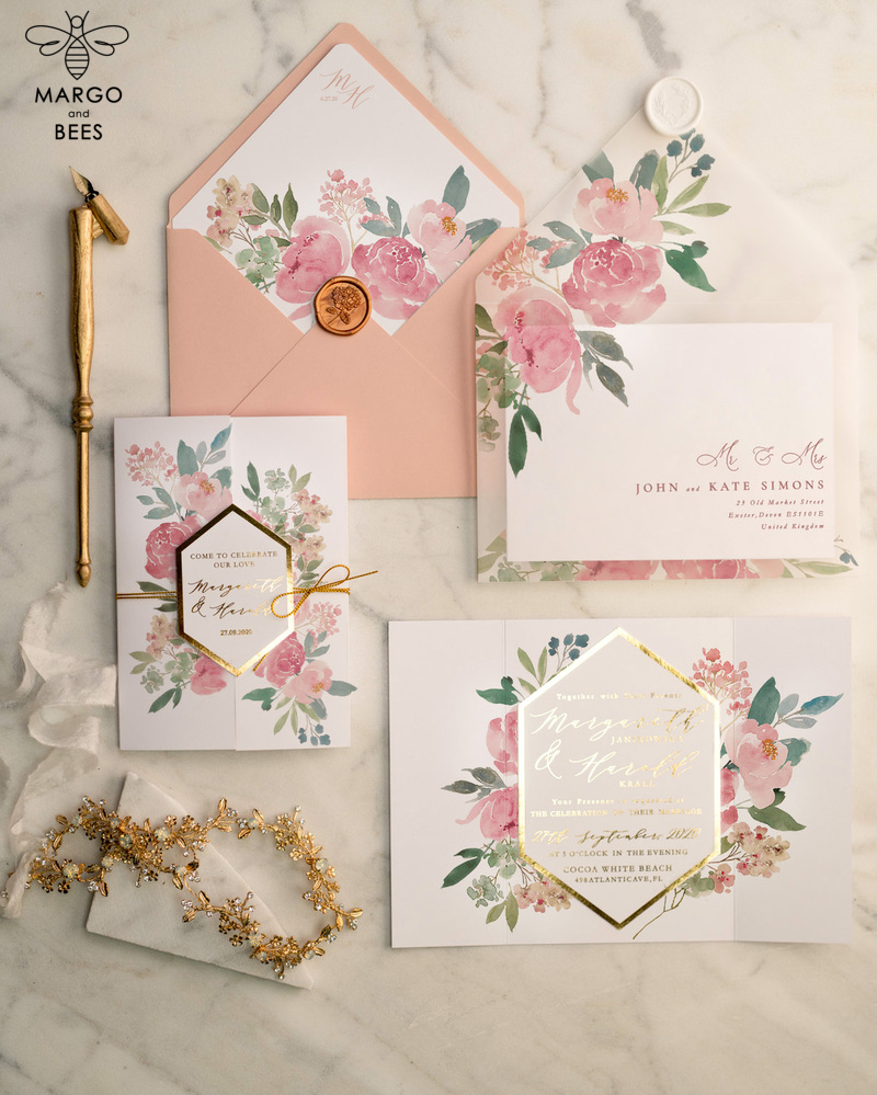 Luxory gold Wedding Invitations,  Vinatge Roses Elegant Wedding Stationery,  Pink Elegant Wedding Invitations Suite-10