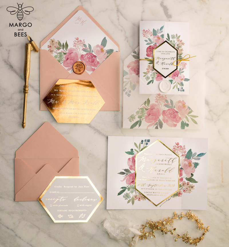 Luxory gold Wedding Invitations,  Vinatge Roses Elegant Wedding Stationery,  Pink Elegant Wedding Invitations Suite-11
