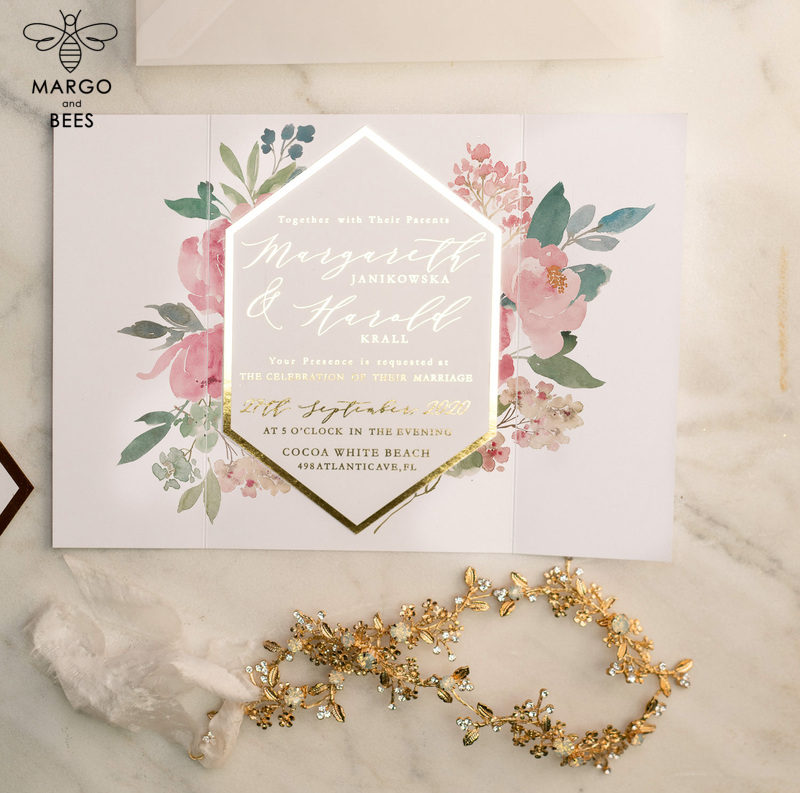 Luxory gold Wedding Invitations,  Vinatge Roses Elegant Wedding Stationery,  Pink Elegant Wedding Invitations Suite-12