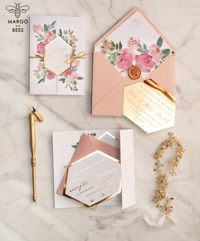 Luxory gold Wedding Invitations,  Vinatge Roses Elegant Wedding Stationery,  Pink Elegant Wedding Invitations Suite-15