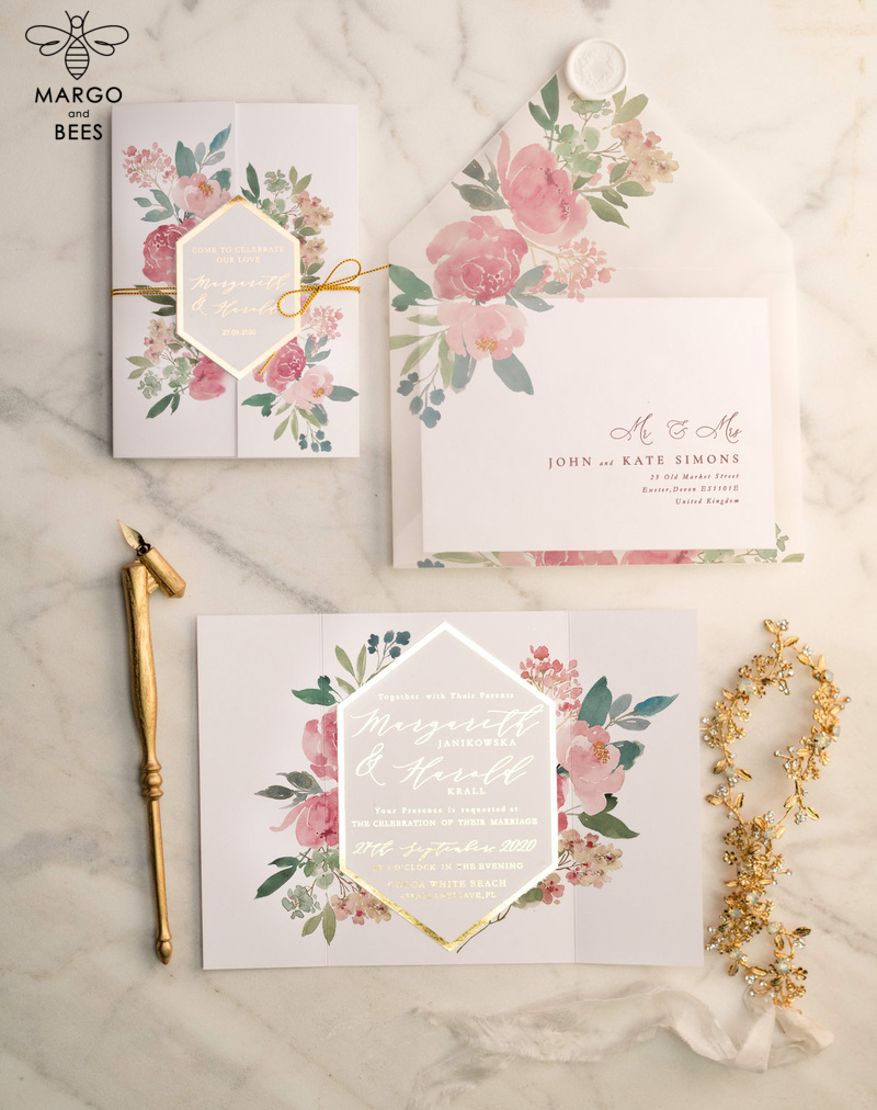 Luxory gold Wedding Invitations,  Vinatge Roses Elegant Wedding Stationery,  Pink Elegant Wedding Invitations Suite-1