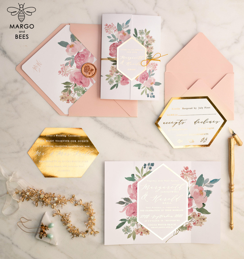 Luxory gold Wedding Invitations,  Vinatge Roses Elegant Wedding Stationery,  Pink Elegant Wedding Invitations Suite-2