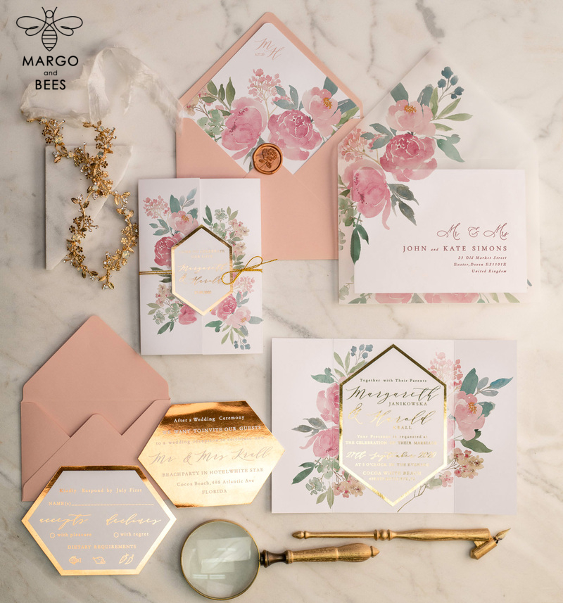 Luxory gold Wedding Invitations,  Vinatge Roses Elegant Wedding Stationery,  Pink Elegant Wedding Invitations Suite-0