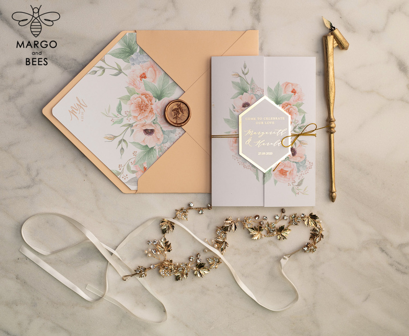 Luxory gold Wedding Invitations,  floral Elegant Wedding Stationery,  Peach Elegant Wedding Invitations Suite-2