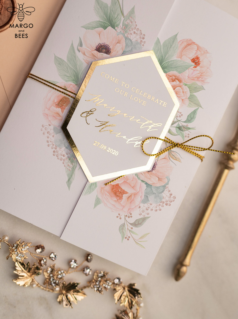 Luxory gold Wedding Invitations,  floral Elegant Wedding Stationery,  Peach Elegant Wedding Invitations Suite-3