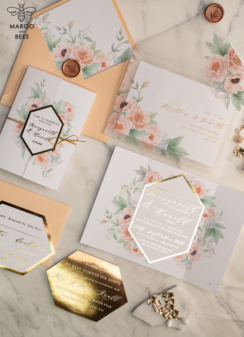 Luxory gold Wedding Invitations,  floral Elegant Wedding Stationery,  Peach Elegant Wedding Invitations Suite-4