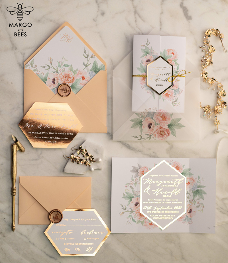 Luxory gold Wedding Invitations,  floral Elegant Wedding Stationery,  Peach Elegant Wedding Invitations Suite-7