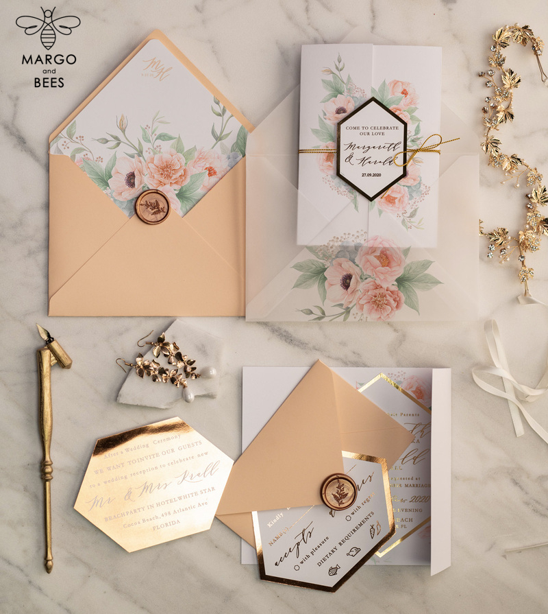Luxory gold Wedding Invitations,  floral Elegant Wedding Stationery,  Peach Elegant Wedding Invitations Suite-8