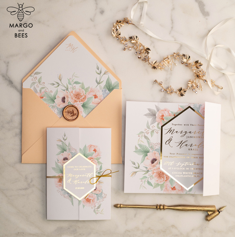 Luxory gold Wedding Invitations,  floral Elegant Wedding Stationery,  Peach Elegant Wedding Invitations Suite-10