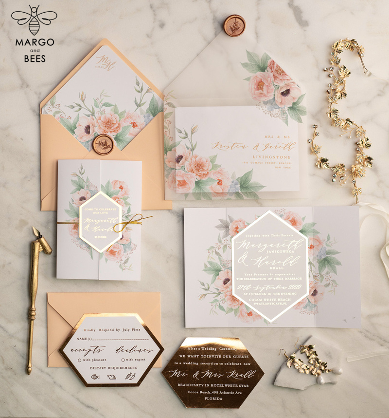 Luxory gold Wedding Invitations,  floral Elegant Wedding Stationery,  Peach Elegant Wedding Invitations Suite-1