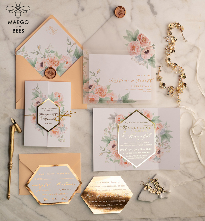 Luxory gold Wedding Invitations,  floral Elegant Wedding Stationery,  Peach Elegant Wedding Invitations Suite-0