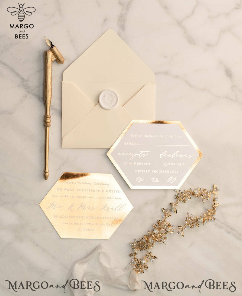 Luxury Gold Foil Wedding Invites, Glamour Golden Shine Wedding Invitations, Elegant Nude Pocketfold Wedding Invitation Suite, Geometric Bespoke Wedding Cards-8