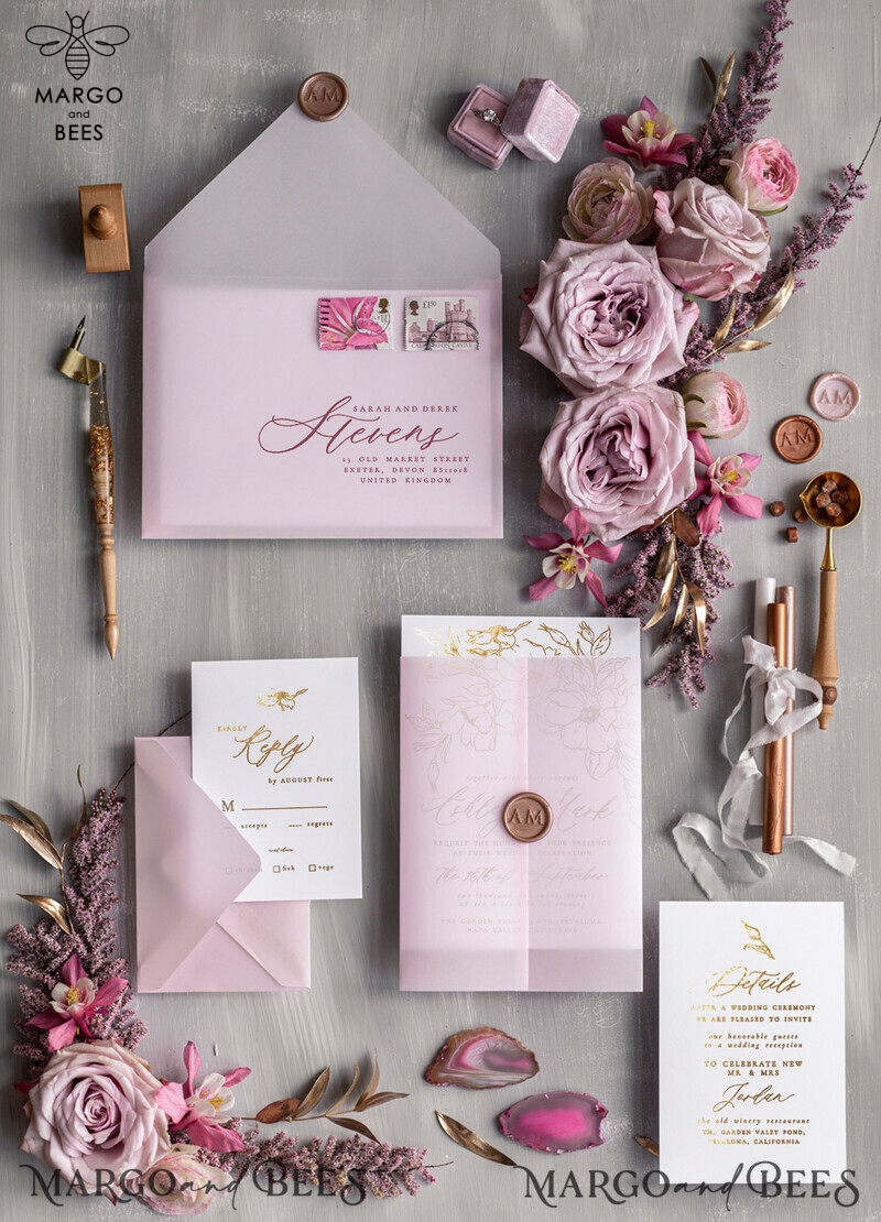 Elegant Blush Pink Wedding Invitation Suite with Gold Foil Accents - Luxury Bespoke Minimalistic Wedding Stationery-5