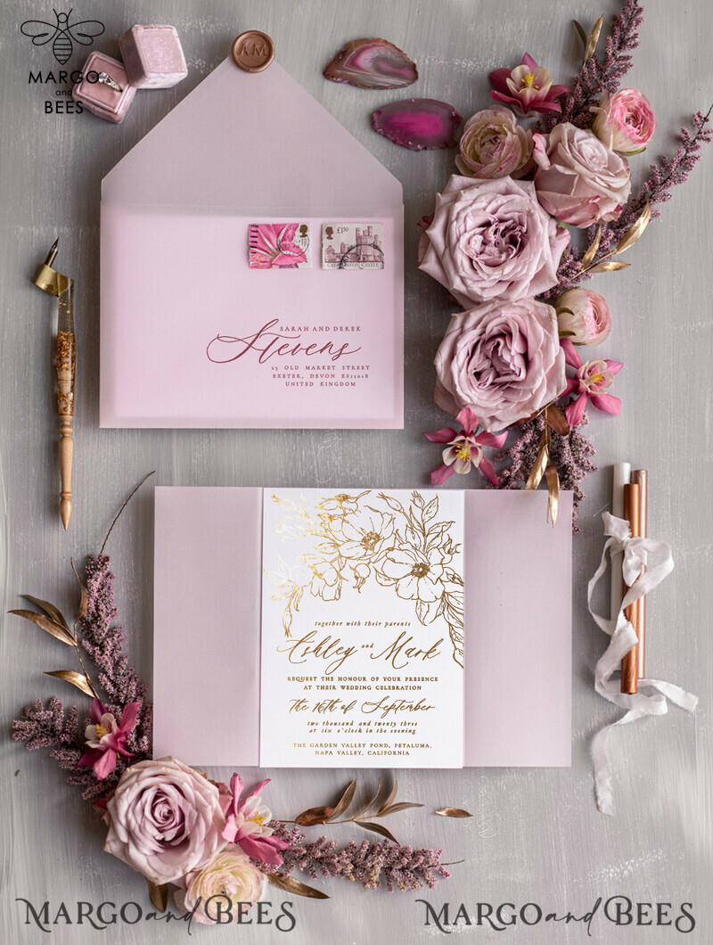 Bespoke Minimalistic Wedding Invitation Suite, Romantic Blush Pink Wedding Cards, Glamour Gold Foil Wedding Invitations, Luxury Wedding Stationery-3