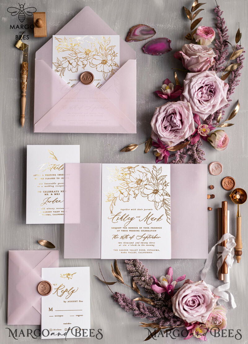 Elegant Blush Pink Wedding Invitation Suite with Gold Foil Accents - Luxury Bespoke Minimalistic Wedding Stationery-1