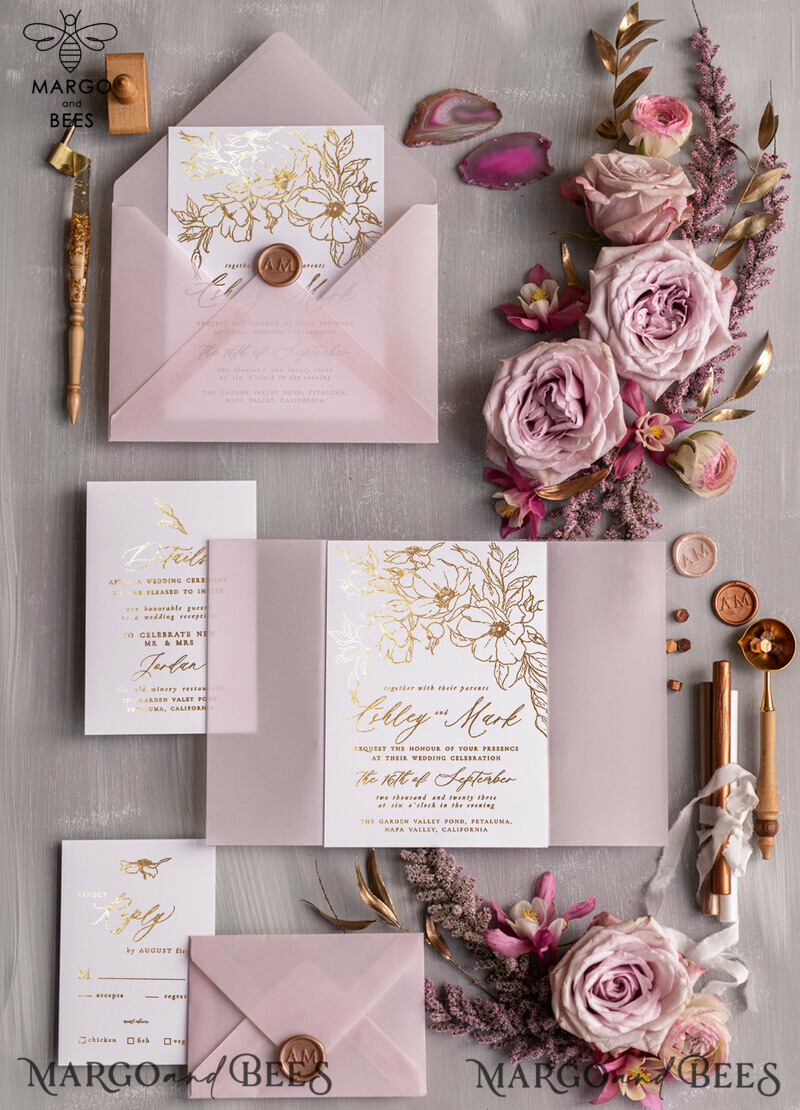 Elegant Blush Pink and Gold Foil Wedding Invitation Suite for a Luxurious and Minimalistic Event-0