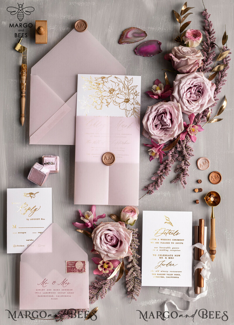Elegant Blush Pink Wedding Invitation Suite with Gold Foil Accents - Luxury Bespoke Minimalistic Wedding Stationery-2