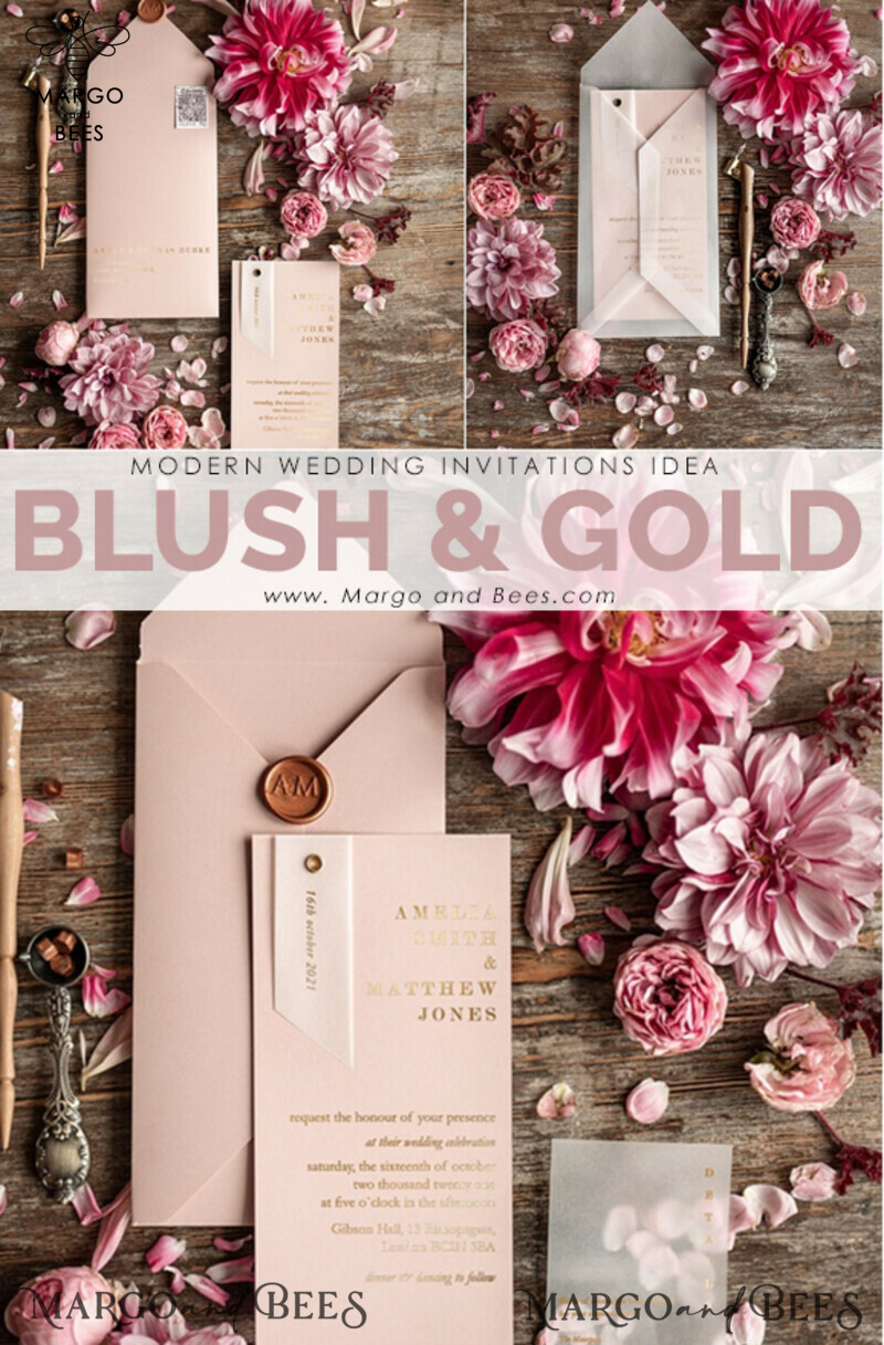 Glamour Gold Foil Wedding Invitations, Elegant Blush Pink Geometric Wedding Cards, Bespoke White Vellum Wedding Invites, Luxury Golden Shine Wedding Invitation Suite-1
