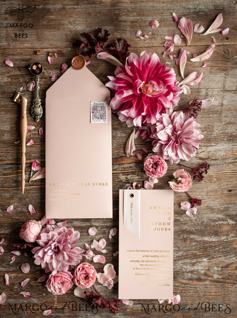 Luxury Golden Shine: Glamour Gold Foil Wedding Invitations with Elegant Blush Pink Geometric Wedding Cards and Bespoke White Vellum Wedding Invites-2