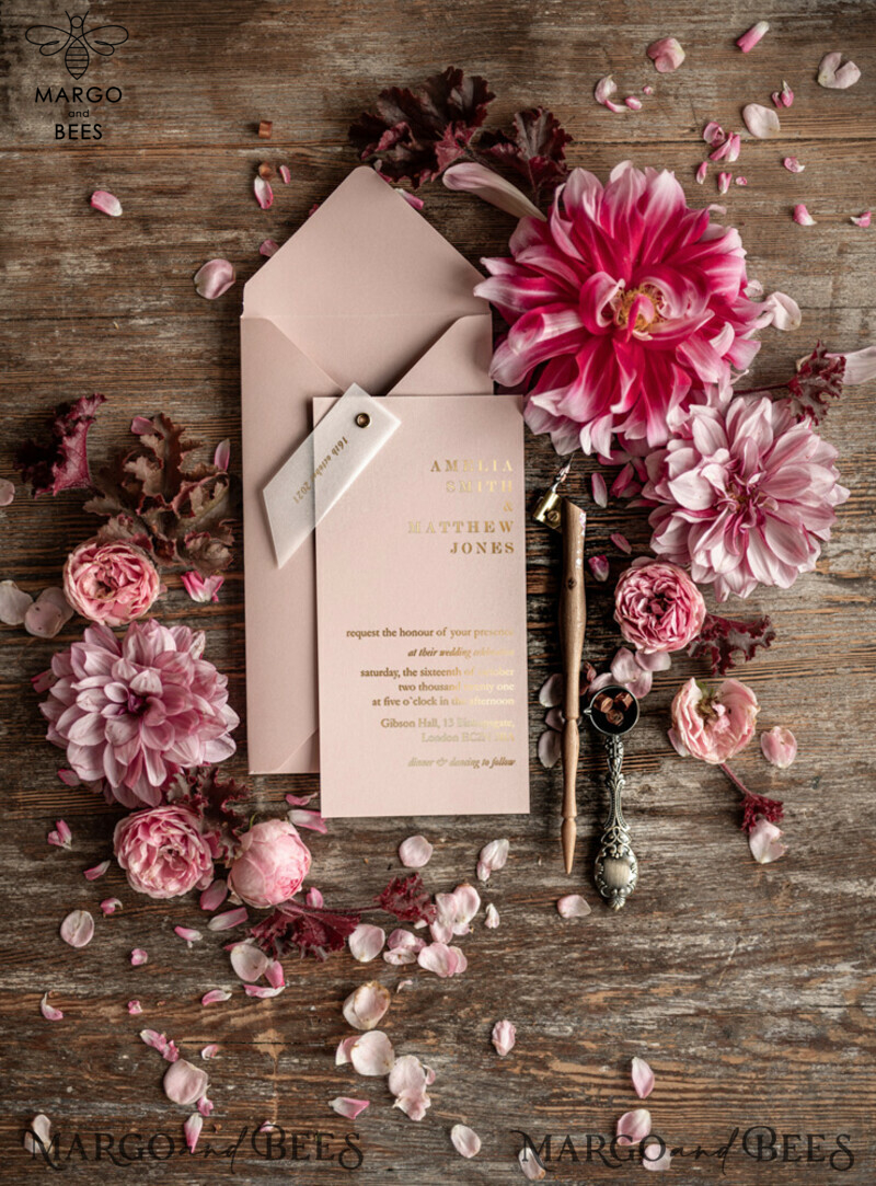Luxury Golden Shine: Glamour Gold Foil Wedding Invitations with Elegant Blush Pink Geometric Wedding Cards and Bespoke White Vellum Wedding Invites-3