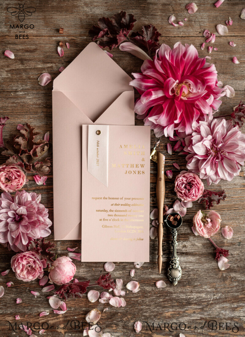 Luxury Golden Shine: Glamour Gold Foil Wedding Invitations with Elegant Blush Pink Geometric Wedding Cards and Bespoke White Vellum Wedding Invites-4