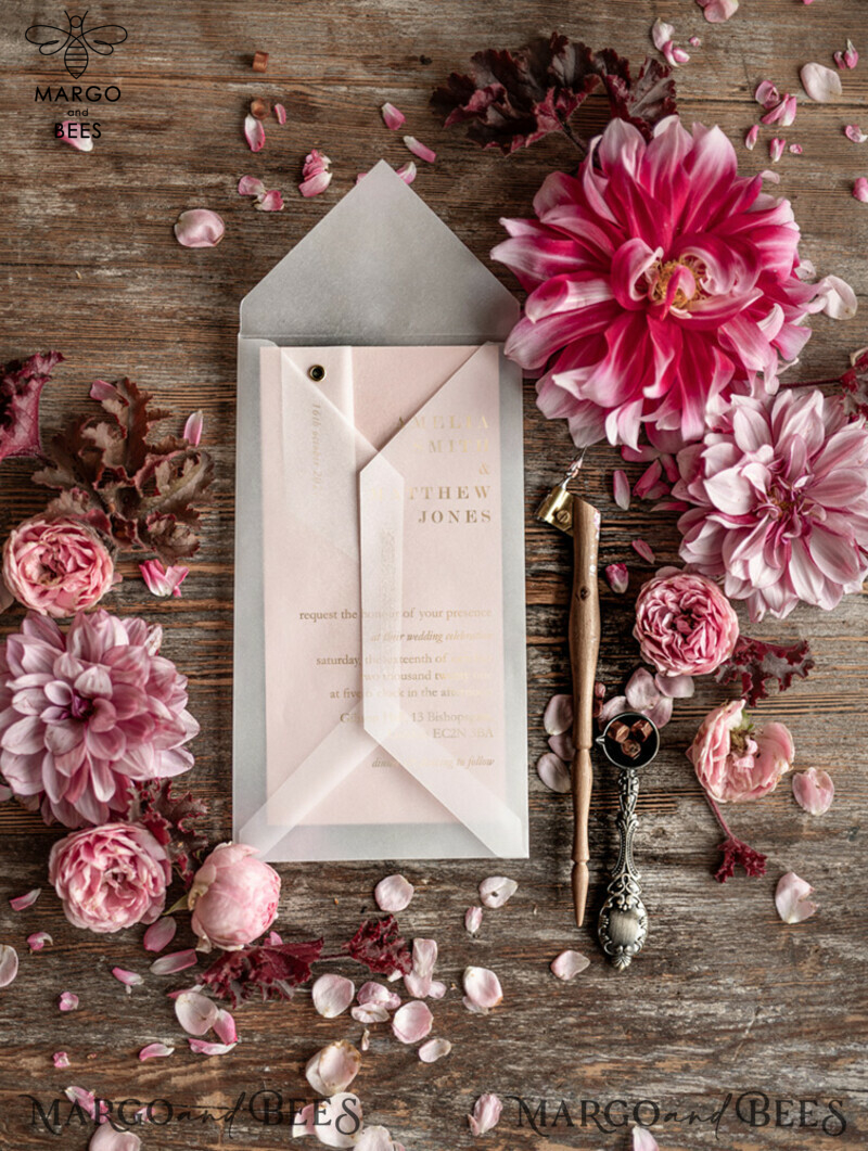Luxury Golden Shine: Glamour Gold Foil Wedding Invitations with Elegant Blush Pink Geometric Wedding Cards and Bespoke White Vellum Wedding Invites-5