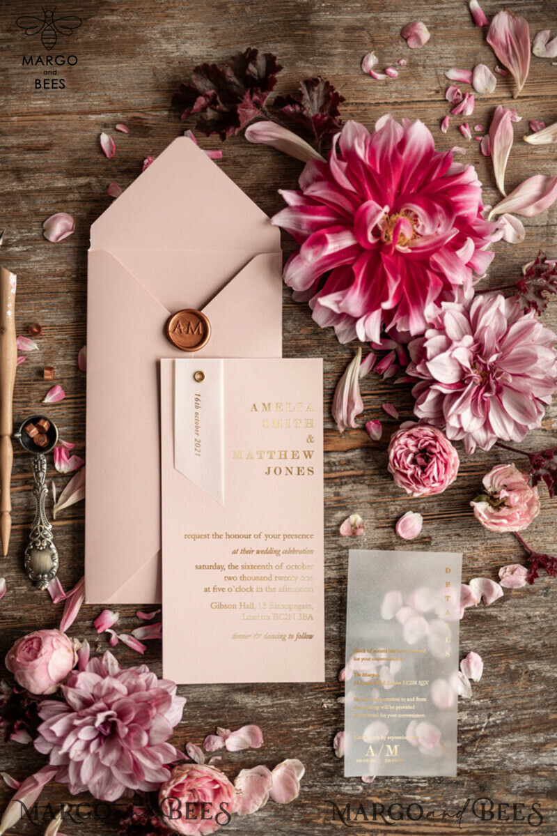 Luxury Golden Shine: Glamour Gold Foil Wedding Invitations with Elegant Blush Pink Geometric Wedding Cards and Bespoke White Vellum Wedding Invites-0