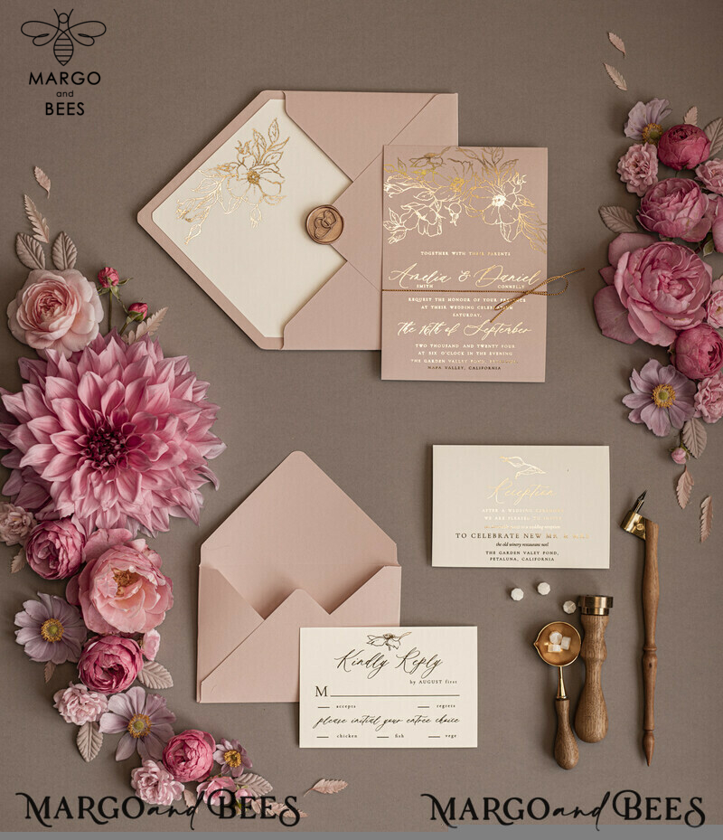 Gold Shimmer Wedding Invites, Blush Pink Glitter Wedding Cards, Glamour Golden Wedding Invitation Suite, Romantic Affordable Wedding Stationery-7